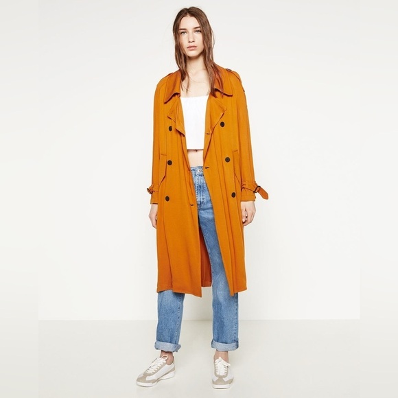 Zara Basic Women Longline Trench Coat XS Orange Lightweight Contemporary Preppy - Picture 3 of 17